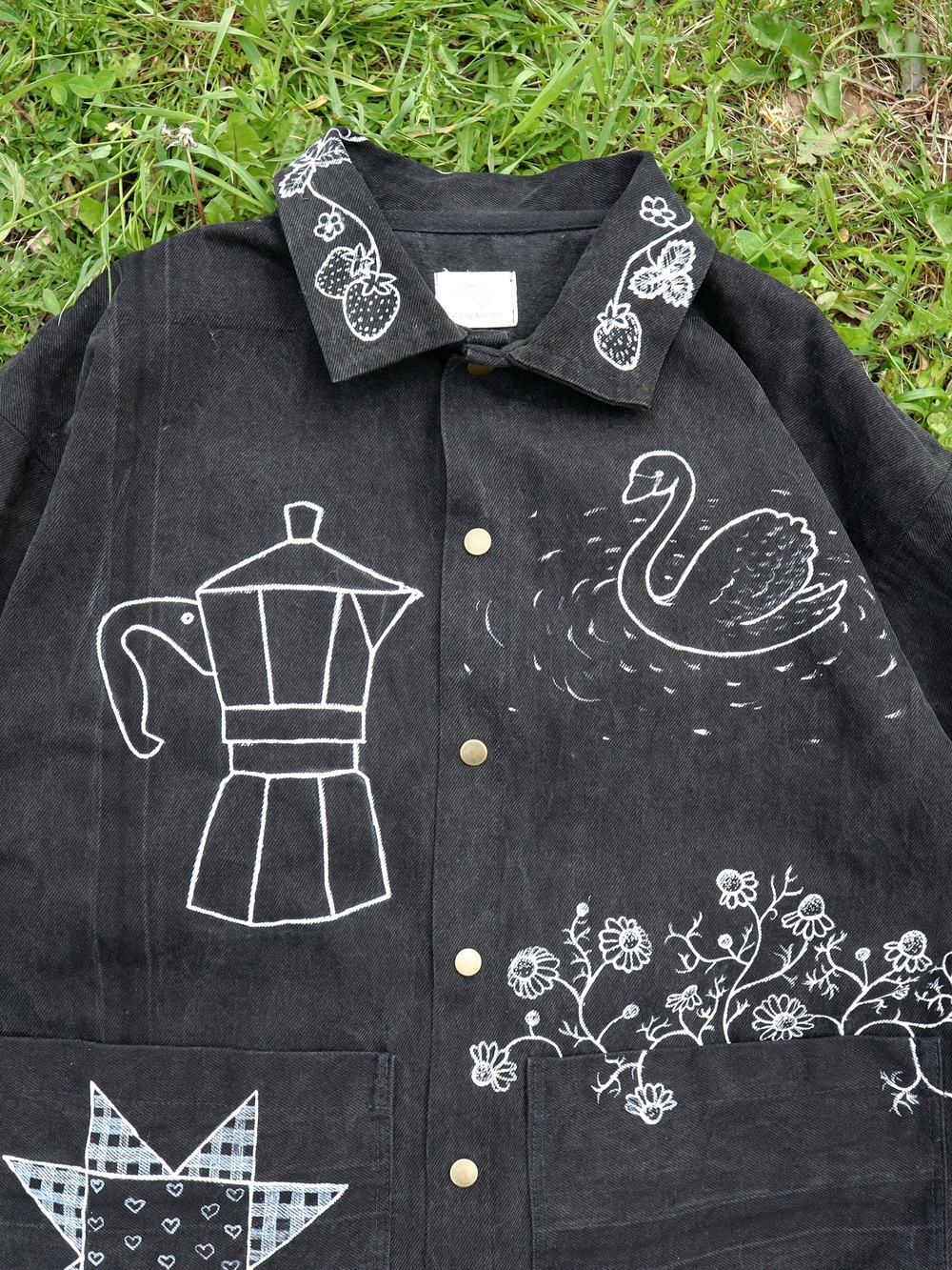 Upcycled Black Denim Jacket with White Folk Art Drawings L • XL - Picture 7 of 16